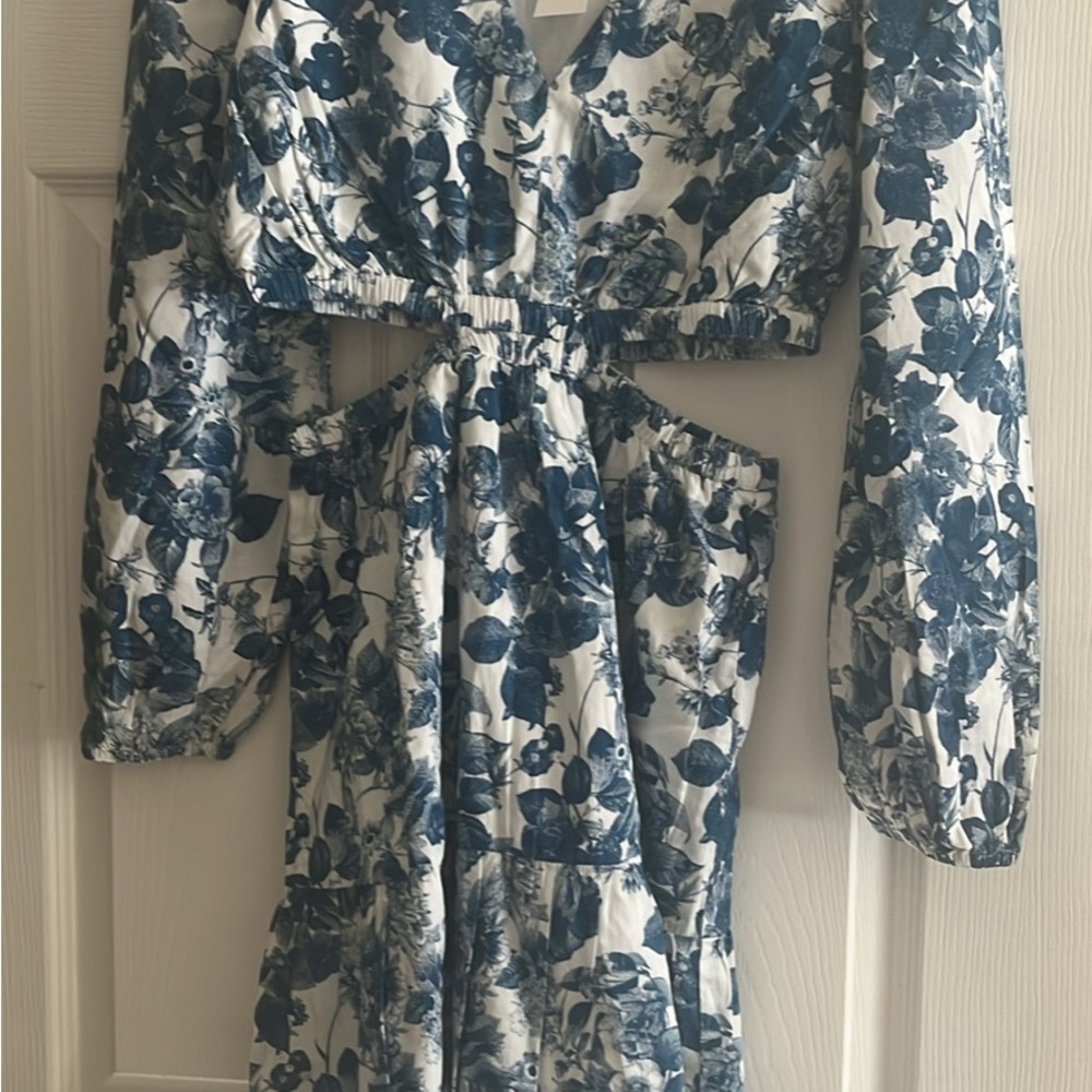 Floral Blue and White Long Sleeve Dress